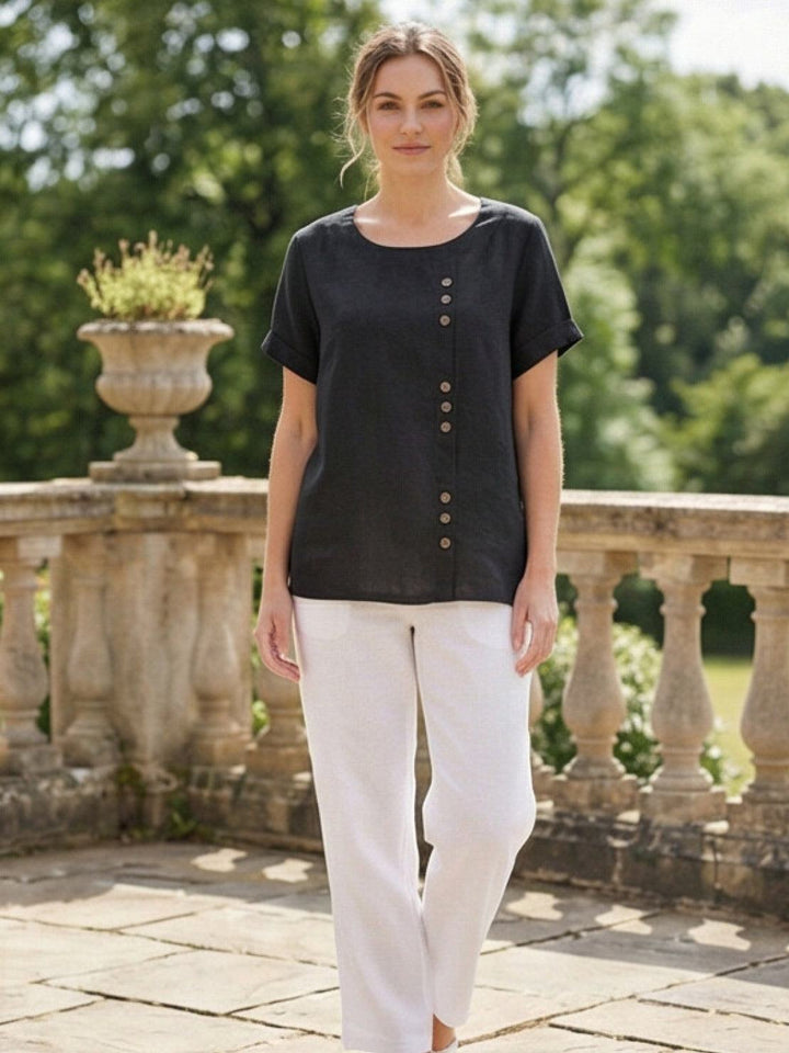 Grace | Women’s Linen Round Neck Button Blouse
