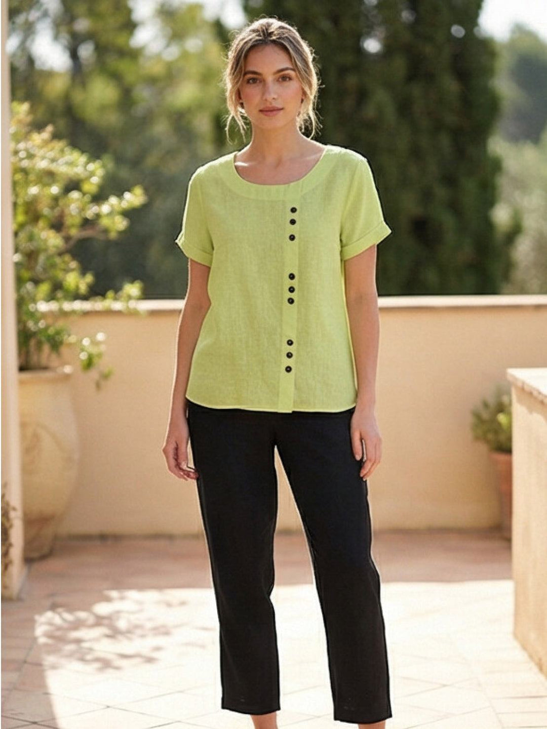 Grace | Women’s Linen Round Neck Button Blouse