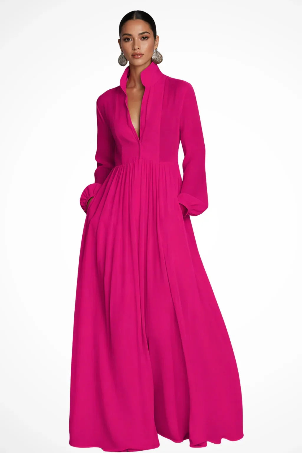 Rowena | Button Front Evening Maxi Dress with Pockets and Long Sleeves