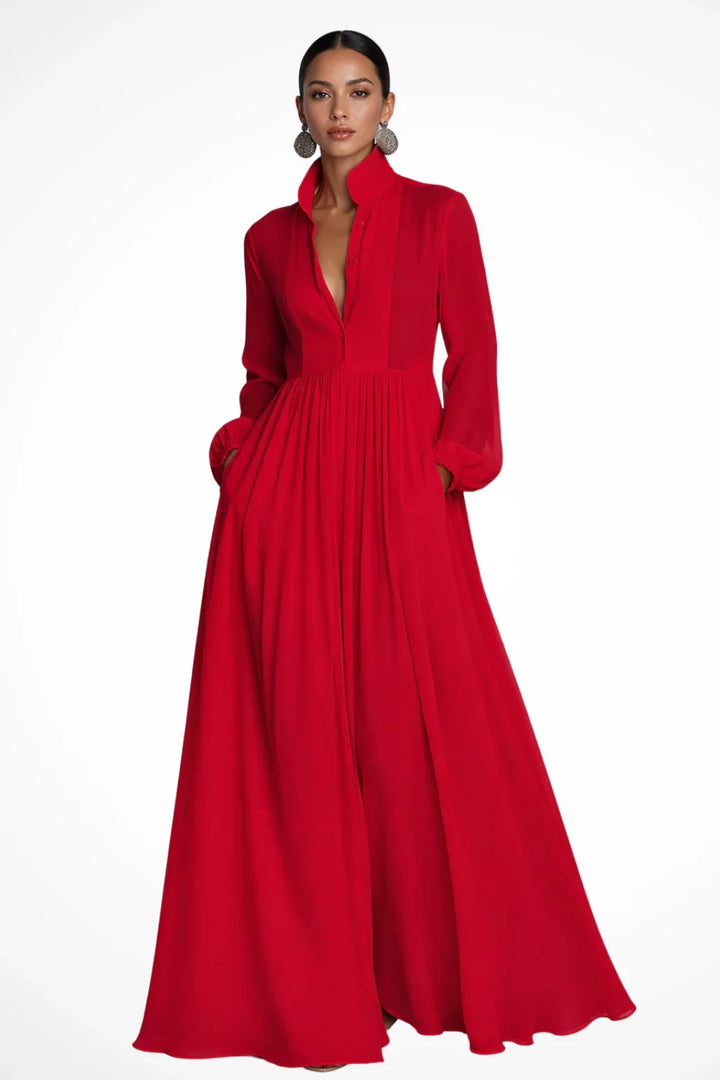 Rowena | Button Front Evening Maxi Dress with Pockets and Long Sleeves