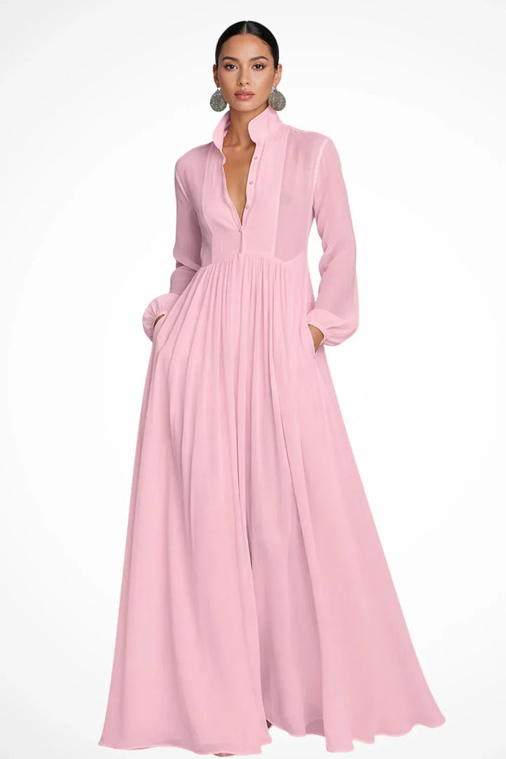 Rowena | Button Front Evening Maxi Dress with Pockets and Long Sleeves