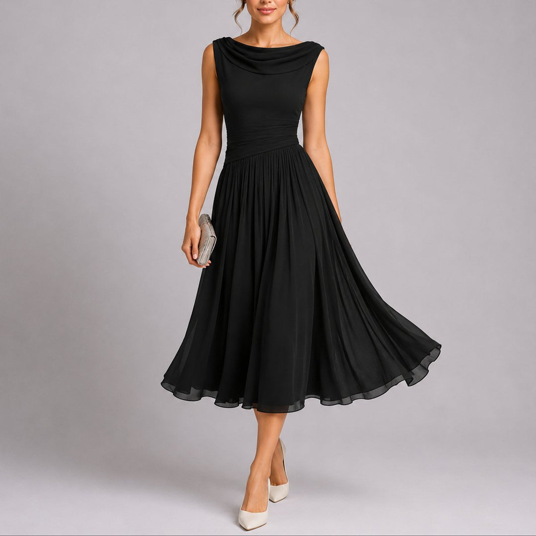 Draped Neck Pleated Chiffon Midi Dress