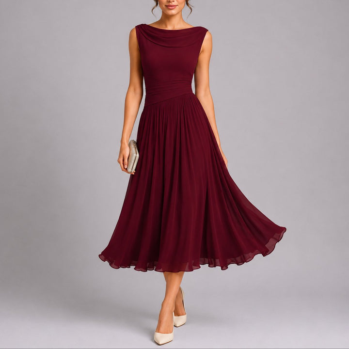 Draped Neck Pleated Chiffon Midi Dress