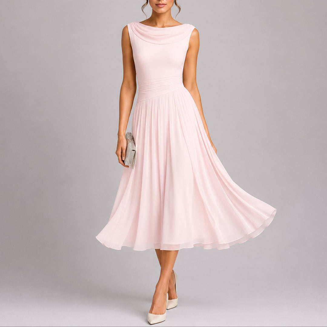 Draped Neck Pleated Chiffon Midi Dress