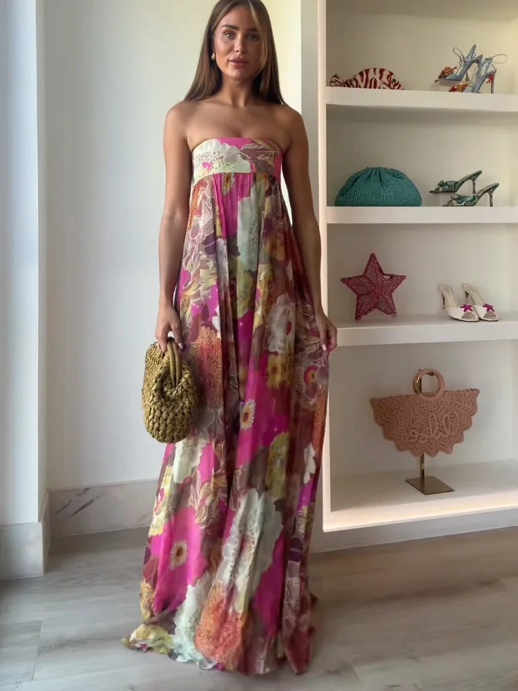 Women’s Strapless Floral Maxi Wedding Guest Dress
