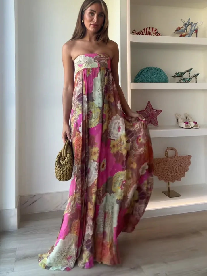 Women’s Strapless Floral Maxi Wedding Guest Dress
